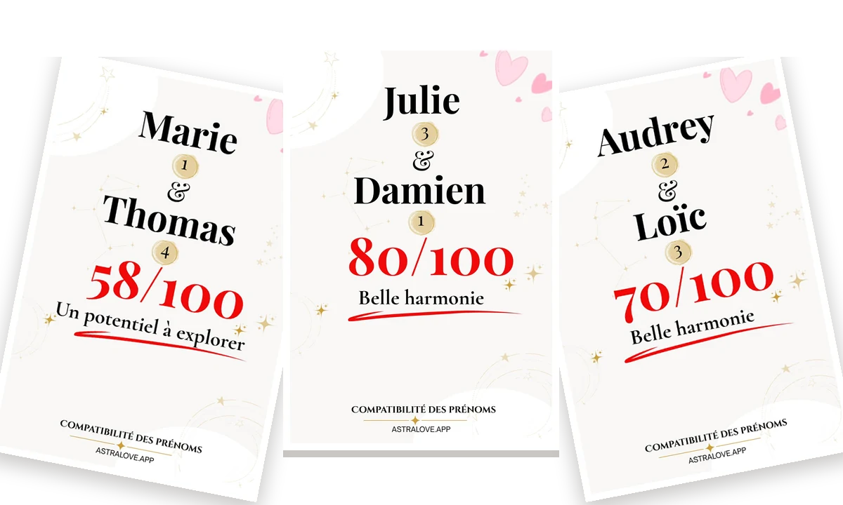 Trois fiches de compatibilité des prénoms, étalées en éventail